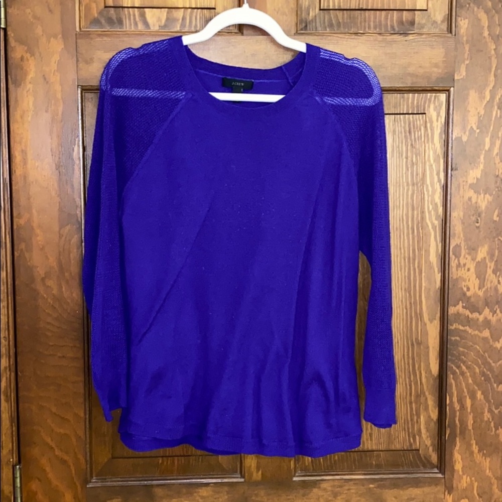 J. Crew- purple wool sweater w/ sheer sleeve SizeM